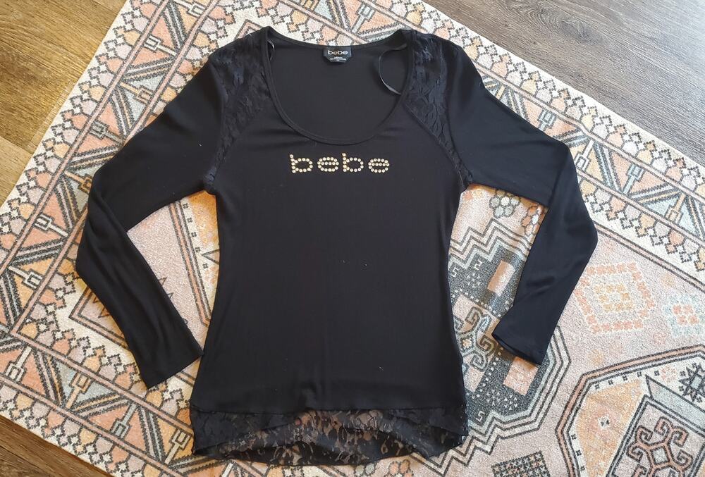 Vintage Y2K Bebe Top Lace Black Long Sleeve Made in USA L